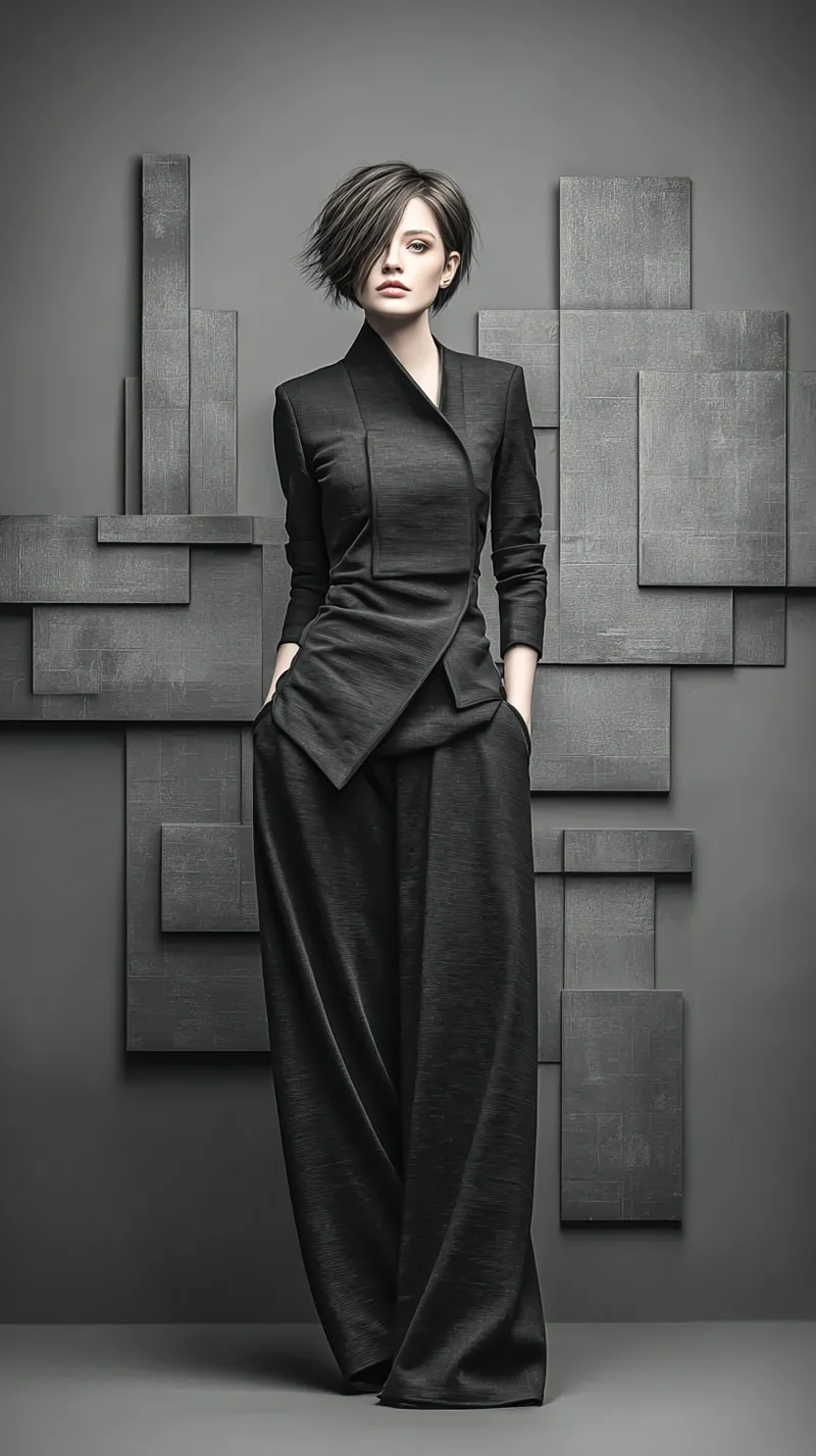 構築的なシルエットの黒いジャケットとワイドパンツを着用したモデル