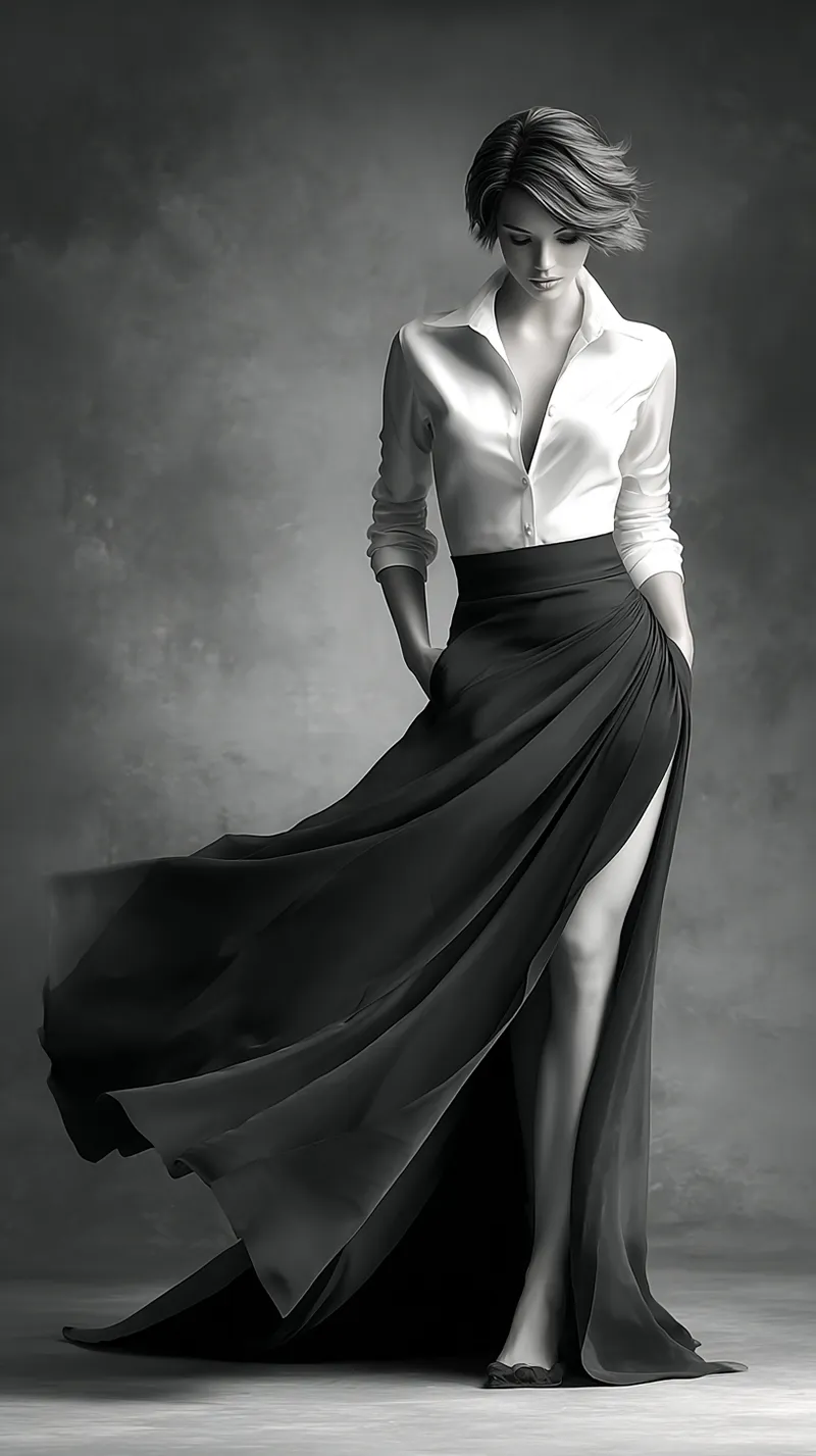 光沢のある素材の白いシャツと、流れるようなシルエットのスカートを着用したモデル