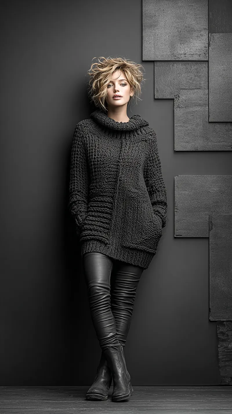 オーバーサイズのニットと、レザーパンツを着用したモデル