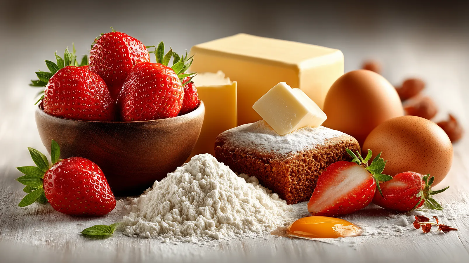 ボウルに入った新鮮な苺と、小麦粉、バターなどの製菓材料