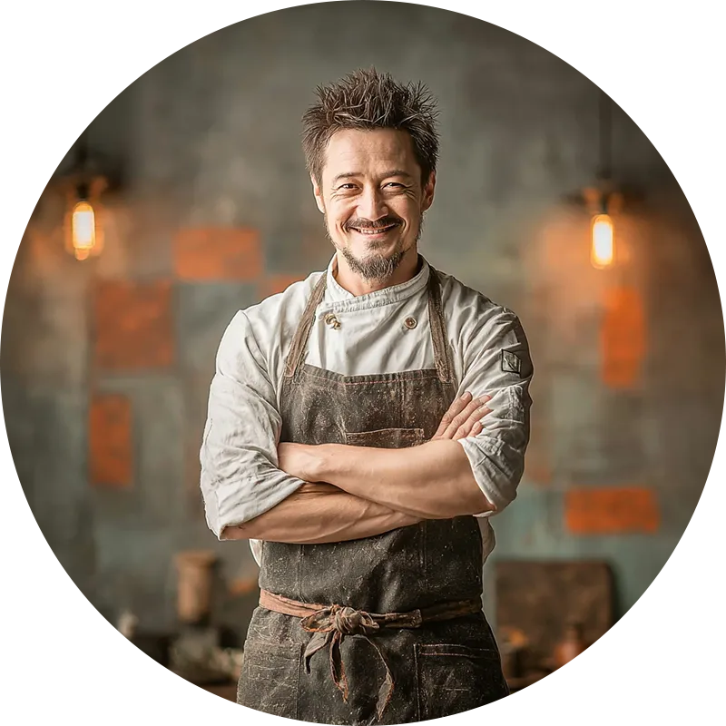 白衣を着て腕を組む、笑顔のパティシエ